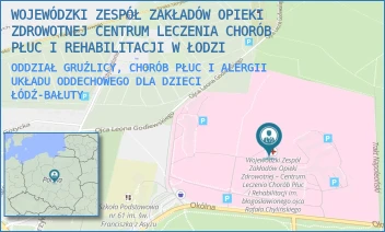 ODDZIAŁ GRUŹLICY, CHORÓB PŁUC I ALERGII UKŁADU ODDECHOWEGO DLA DZIECI - WOJEWÓDZKI ZESPÓŁ ZAKŁADÓW OPIEKI ZDROWOTNEJ CENTRUM LECZENIA CHORÓB PŁUC I REHABILITACJI W ŁODZI - UL. OKÓLNA 181,  ŁÓDŹ-BAŁUTY