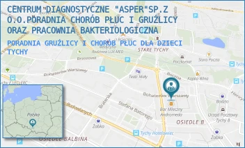 PORADNIA GRUŹLICY I CHORÓB PŁUC DLA DZIECI - CENTRUM DIAGNOSTYCZNE "ASPER"SP.Z O.O.PORADNIA CHORÓB PŁUC I GRUŹLICY ORAZ PRACOWNIA BAKTERIOLOGICZNA - UL. UL. BOHATERÓW WARSZAWY 11 11,  TYCHY